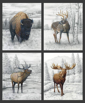 SALE Big Game Pillow Panel PPD12978 - Riley Blake Designs - DIGITALLY PRINTED Pencil Painting Elk Deer Moose Bison - Quilting Cotton Fabric