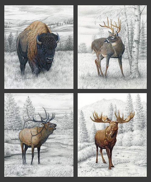 SALE Big Game Pillow Panel PPD12978 by Riley Blake Designs - DIGITALLY PRINTED Pencil Painting Elk Deer Moose Bison - Quilting Cotton Fabric