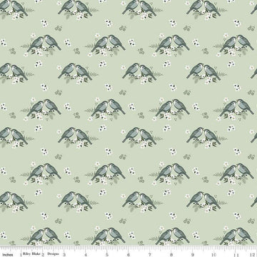 Gingham Fields Birds C13351 Pistachio - Riley Blake Designs - Bird Pairs on Flowers - Quilting Cotton Fabric