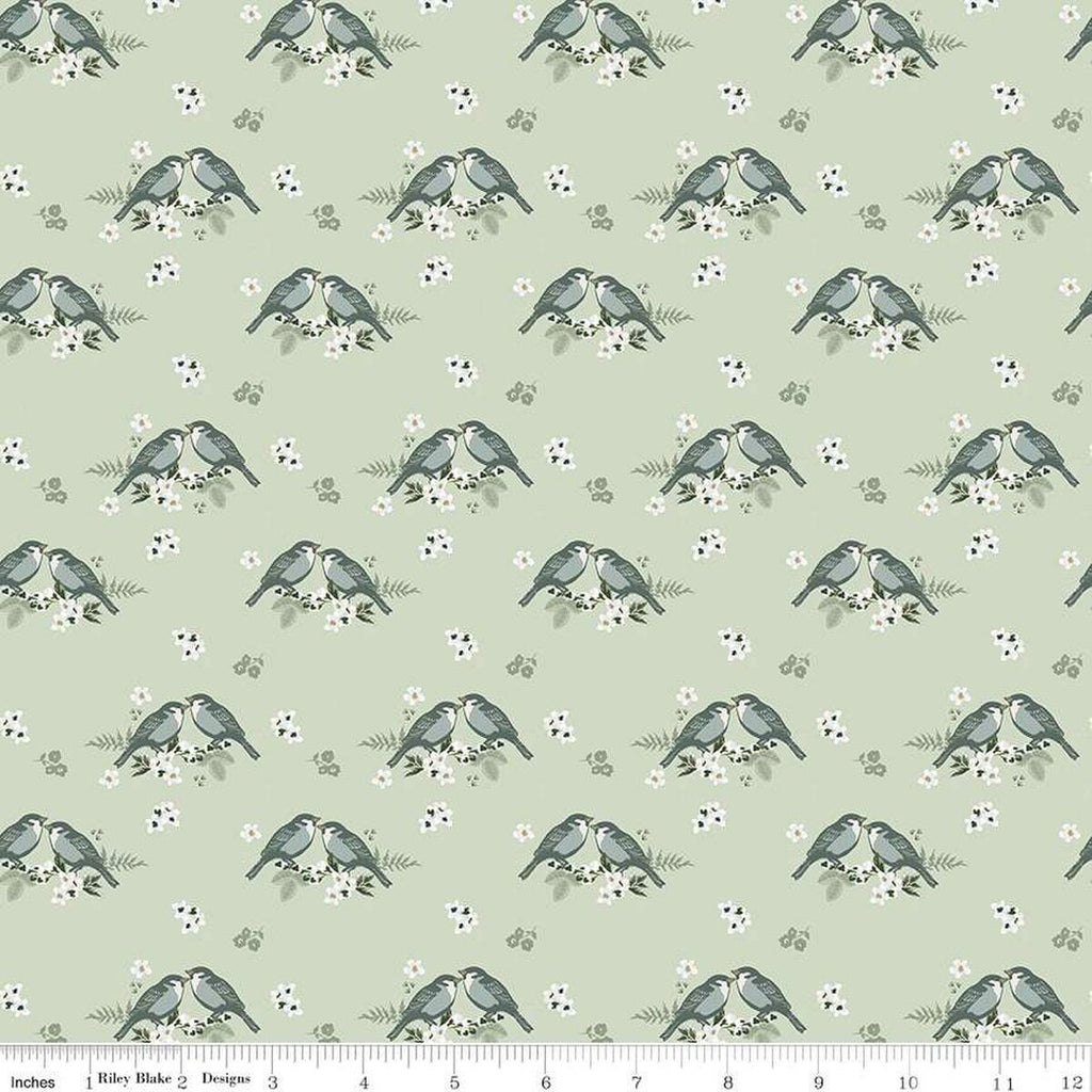 Gingham Fields Birds C13351 Pistachio - Riley Blake Designs - Bird Pairs on Flowers - Quilting Cotton Fabric