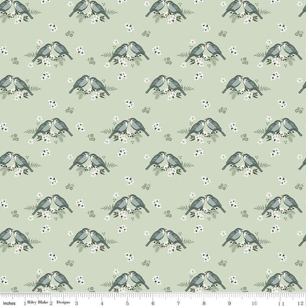 Gingham Fields Birds C13351 Pistachio - Riley Blake Designs - Bird Pairs on Flowers - Quilting Cotton Fabric