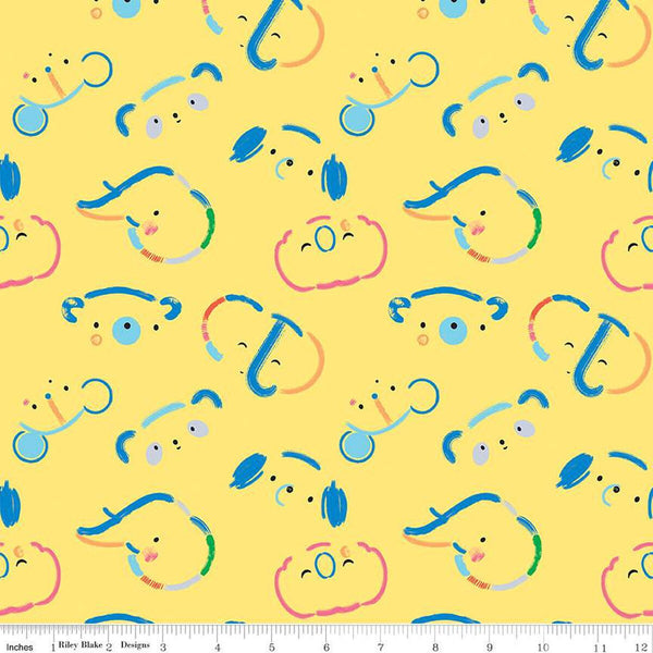 SALE Our Little Band Animal Toss C13061 Yellow - Riley Blake Designs - Crayola Crayons Crayon-Drawn Faces Animals - Quilting Cotton Fabric