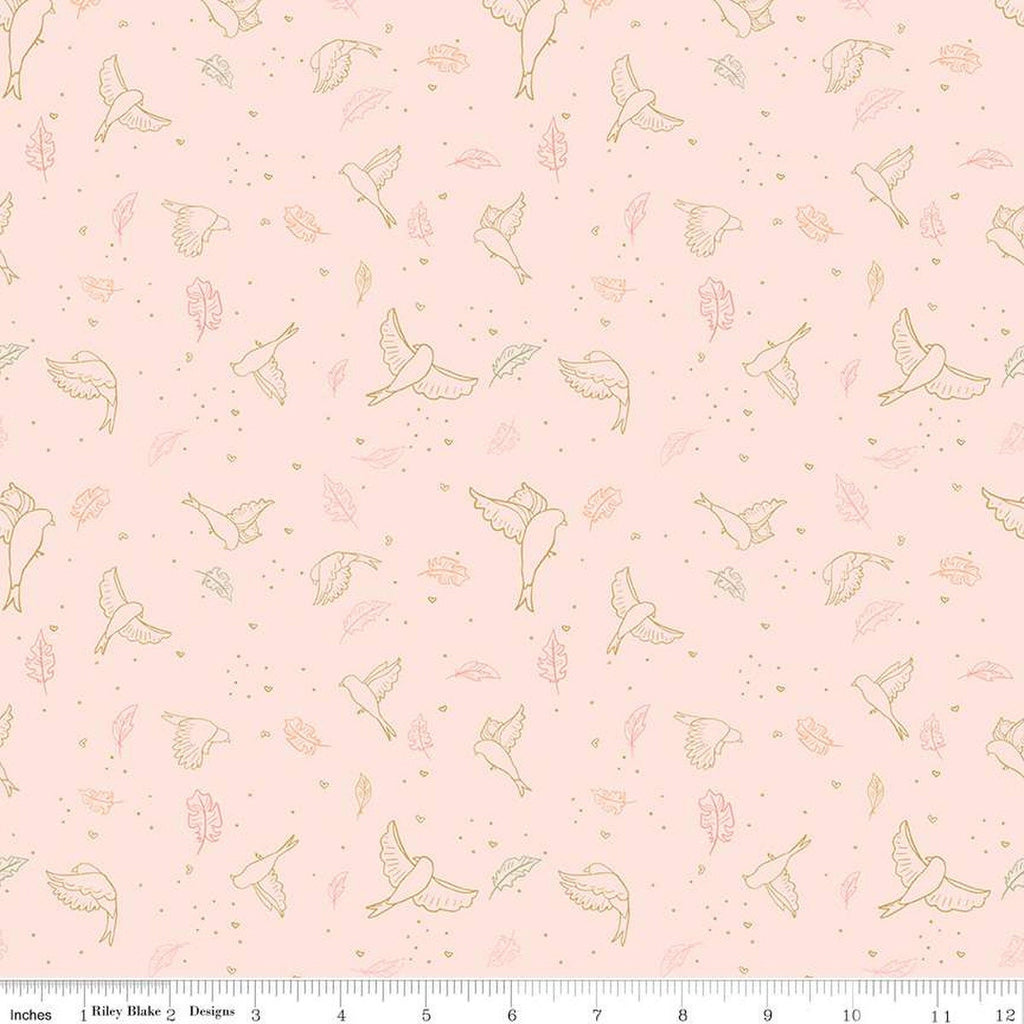 CLEARANCE Wild and Free Birds C12931 Blush - Riley Blake Designs - Line-Drawn Birds Leaves Hearts Dots - Quilting Cotton Fabric