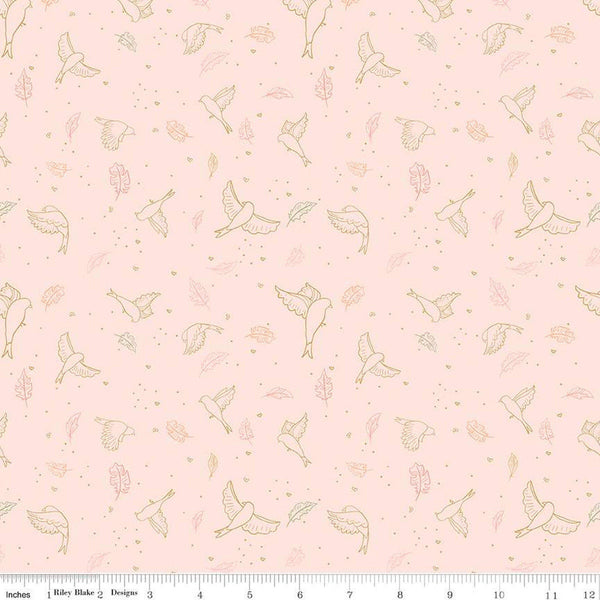 CLEARANCE Wild and Free Birds C12931 Blush - Riley Blake Designs - Line-Drawn Birds Leaves Hearts Dots - Quilting Cotton Fabric