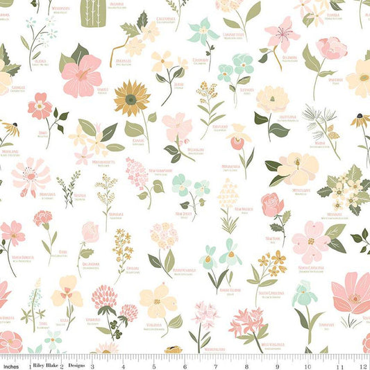 Wild & Free Main C12930 White - Riley Blake Designs - Floral State Flowers Names Flower - Quilting Cotton Fabric