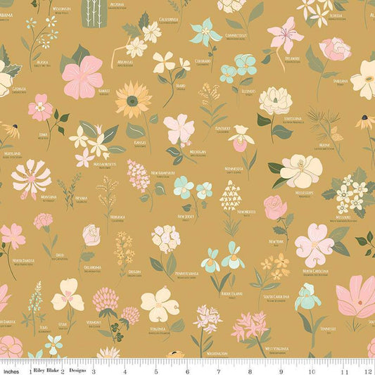DEAL Wild & Free Main C12930 Gold - Riley Blake Designs - Floral State Flowers Names Flower - Quilting Cotton Fabric