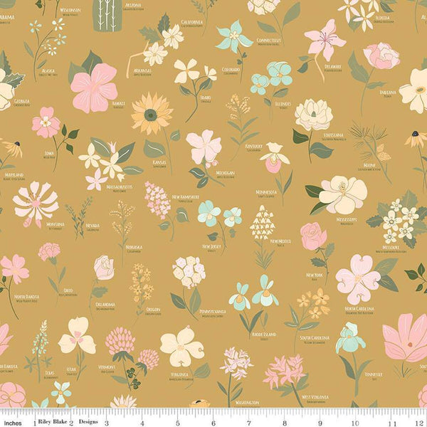 SALE Wild and Free Main C12930 Gold - Riley Blake Designs - Floral State Flowers Names Flower - Quilting Cotton Fabric