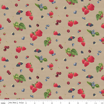 CLEARANCE Monthly Placemats June Berry Toss C12411 Tan - Riley Blake - Berries - Quilting Cotton Fabric