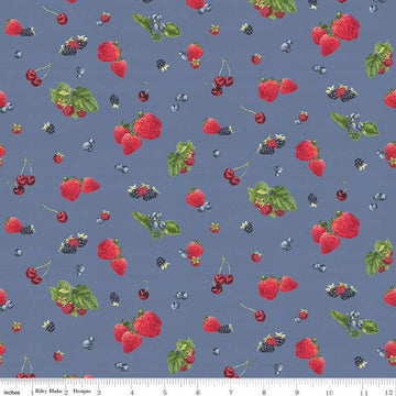 14" End of Bolt - CLEARANCE Monthly Placemats June Berry Toss C12411 Denim by Riley Blake  - Berries - Quilting Cotton