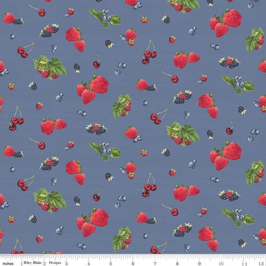 14" End of Bolt - CLEARANCE Monthly Placemats June Berry Toss C12411 Denim by Riley Blake  - Berries - Quilting Cotton