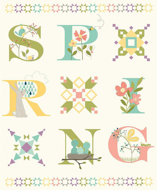 SALE Hello Spring Panel P12967 Cream - Riley Blake Designs - Letters Flowers Quilt Blocks - Quilting Cotton Fabric