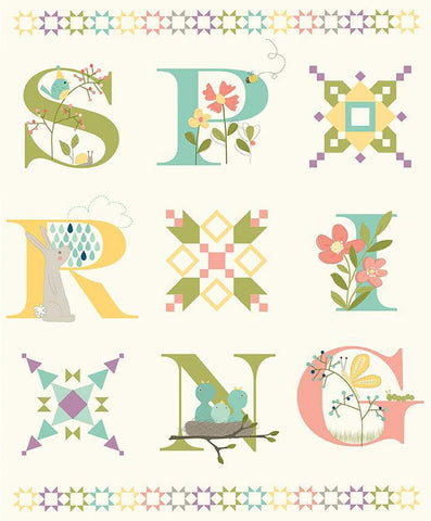 Hello Spring Panel P12967 Cream by Riley Blake Designs - Letters Flowers Quilt Blocks - Quilting Cotton Fabric