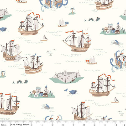 Hoist the Sails Main C12980 Off White by Riley Blake Designs - Ships Islands Whales Sea Dragons - Quilting Cotton Fabric