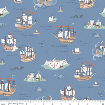 Hoist the Sails Main C12980 Stone - Riley Blake Designs - Ships Islands Whales Sea Dragons - Quilting Cotton Fabric