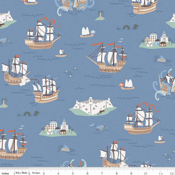 Hoist the Sails Main C12980 Stone by Riley Blake Designs - Ships Islands Whales Sea Dragons - Quilting Cotton Fabric