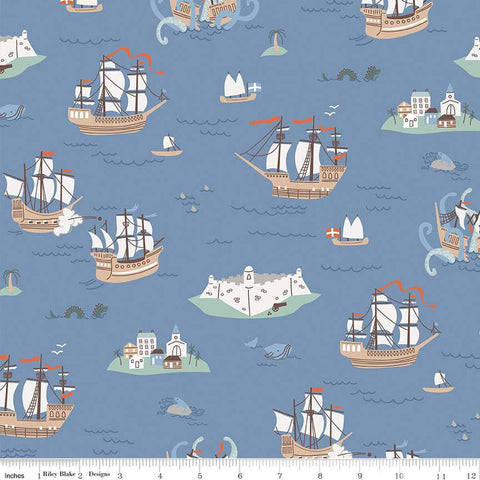 Hoist the Sails Main C12980 Stone by Riley Blake Designs - Ships Islands Whales Sea Dragons - Quilting Cotton Fabric