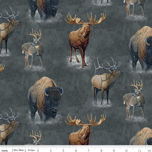 DEAL Big Game Main CD12970 Charcoal - Riley Blake Design - DIGITALLY PRINTED Deer Elk Moose Bison - Quilting Cotton Fabric