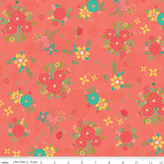 SALE Gingham Cottage Main C13010 Coral - Riley Blake Designs - Floral Flowers - Quilting Cotton Fabric