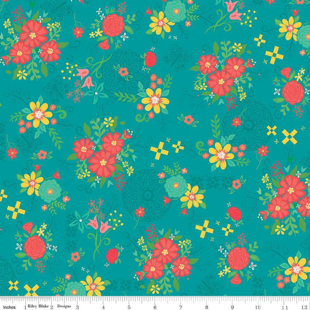 Gingham Cottage Main C13010 Teal - Riley Blake Designs - Floral Flowers - Quilting Cotton Fabric