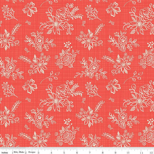 SALE Gingham Cottage Tonal C13011 Red - Riley Blake Designs - Floral Flowers Tone-on-Tone Background - Quilting Cotton Fabric