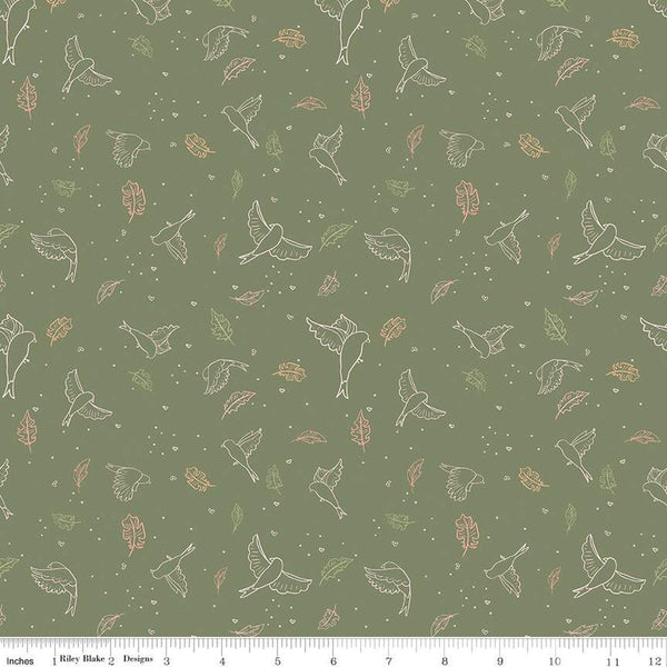 CLEARANCE Wild and Free Birds C12931 Olive - Riley Blake Designs - Line-Drawn Birds Leaves Hearts Dots - Quilting Cotton Fabric