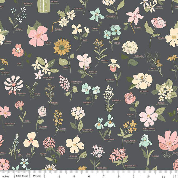 19" End of Bolt - Wild and Free Main C12930 Charcoal - Riley Blake Designs - Floral State Flowers Names Flower - Quilting Cotton Fabric