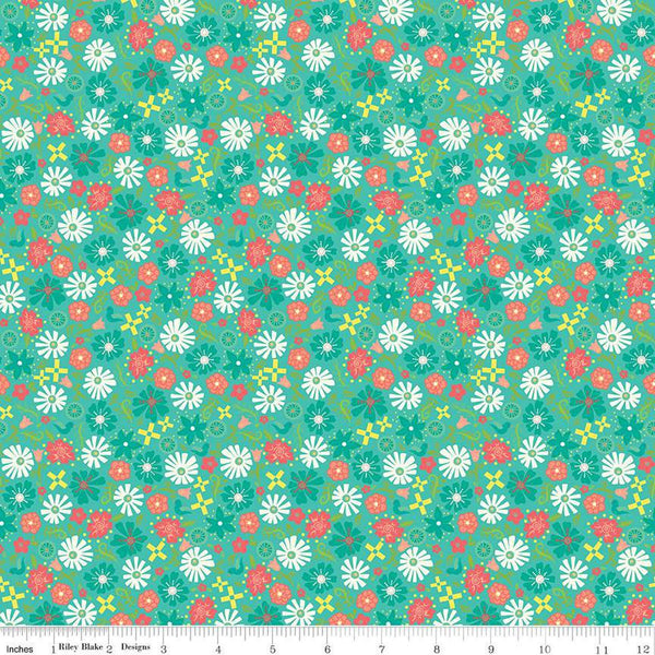 SALE Gingham Cottage Flowers C13015 Sea Glass - Riley Blake Designs - Floral Flower - Quilting Cotton Fabric