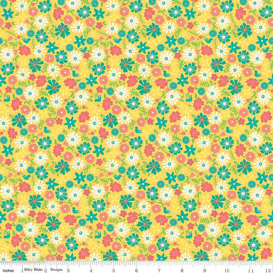 SALE Gingham Cottage Flowers C13015 Yellow - Riley Blake Designs - Floral Flower - Quilting Cotton Fabric