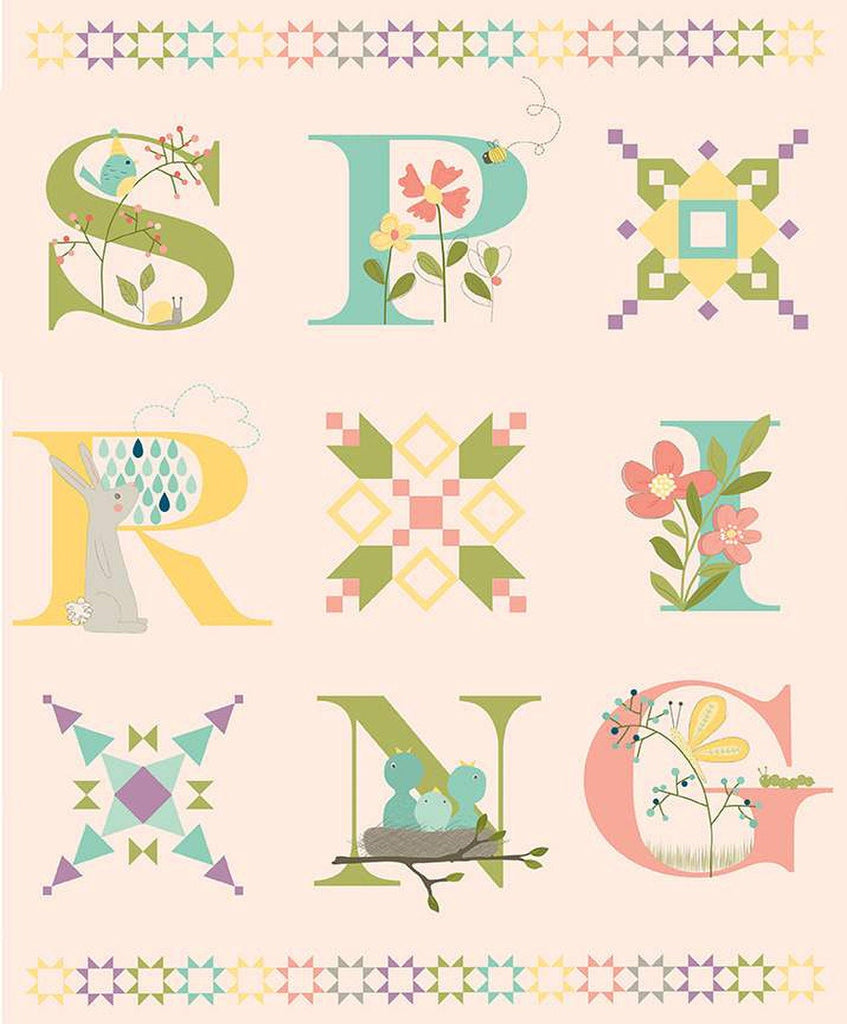 SALE Hello Spring Panel P12967 Blush by Riley Blake Designs - Letters Flowers Quilt Blocks - Quilting Cotton Fabric
