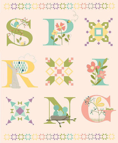 SALE Hello Spring Panel P12967 Blush by Riley Blake Designs - Letters Flowers Quilt Blocks - Quilting Cotton Fabric