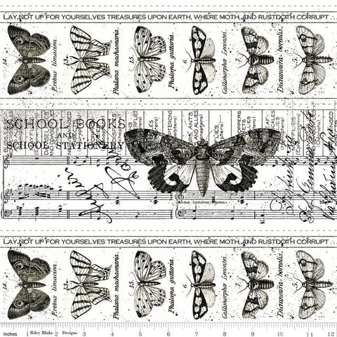 Art Journal Collage Border C13033 White by Riley Blake Designs - Winged Insects Text Sheet Music - Quilting Cotton Fabric