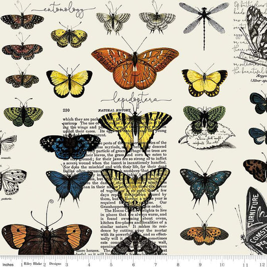 SALE Art Journal Butterflies CD13035 Light Gray - Riley Blake Designs - DIGITALLY PRINTED Butterfly Text - Quilting Cotton