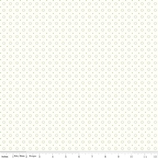 DEAL Bee Backgrounds Stitched Circle C9940 Green - Riley Blake Designs - Dashed-Line Circles Pin Dots Off White - Quilting Cotton Fabric