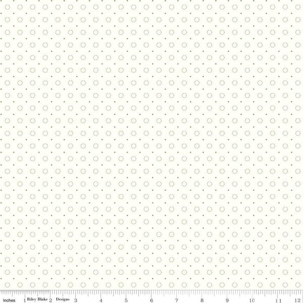 SALE Bee Backgrounds Stitched Circle C9940 Green - Riley Blake Designs - Dashed-Line Circles Pin Dots Off White - Quilting Cotton Fabric