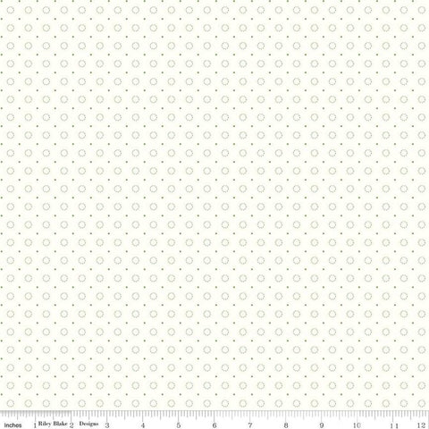 SALE Bee Backgrounds Stitched Circle C9940 Green - Riley Blake Designs - Dashed-Line Circles Pin Dots Off White - Quilting Cotton Fabric