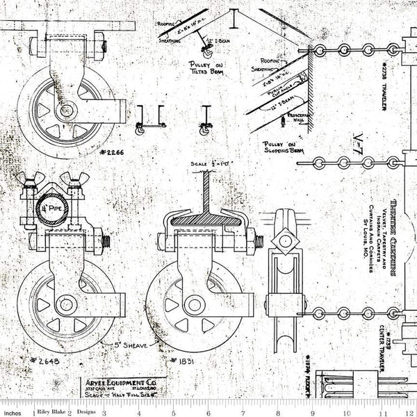 CLEARANCE Art Journal In the Wings C13044 White by Riley Blake  - Pulleys Technical Drawings Text - Quilting Cotton