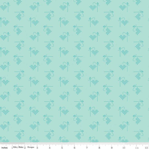 SALE Bee Basics Heart C6401 Songbird by Riley Blake Designs - Cross-Stitched Hearts - Lori Holt - Quilting Cotton Fabric