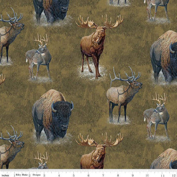 DEAL Big Game Main CD12970 Curry - Riley Blake Designs - DIGITALLY PRINTED Elk Moose Deer Bison - Quilting Cotton Fabric
