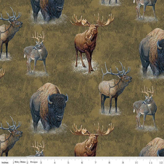 DEAL Big Game Main CD12970 Curry - Riley Blake Designs - DIGITALLY PRINTED Elk Moose Deer Bison - Quilting Cotton Fabric