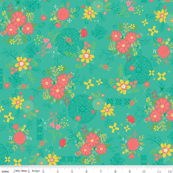 SALE Gingham Cottage Main C13010 Sea Glass - Riley Blake Designs - Floral Flowers - Quilting Cotton Fabric