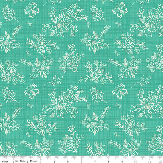 Gingham Cottage Tonal C13011 Sea Glass - Riley Blake Designs - Floral Flowers Tone-on-Tone Background - Quilting Cotton Fabric