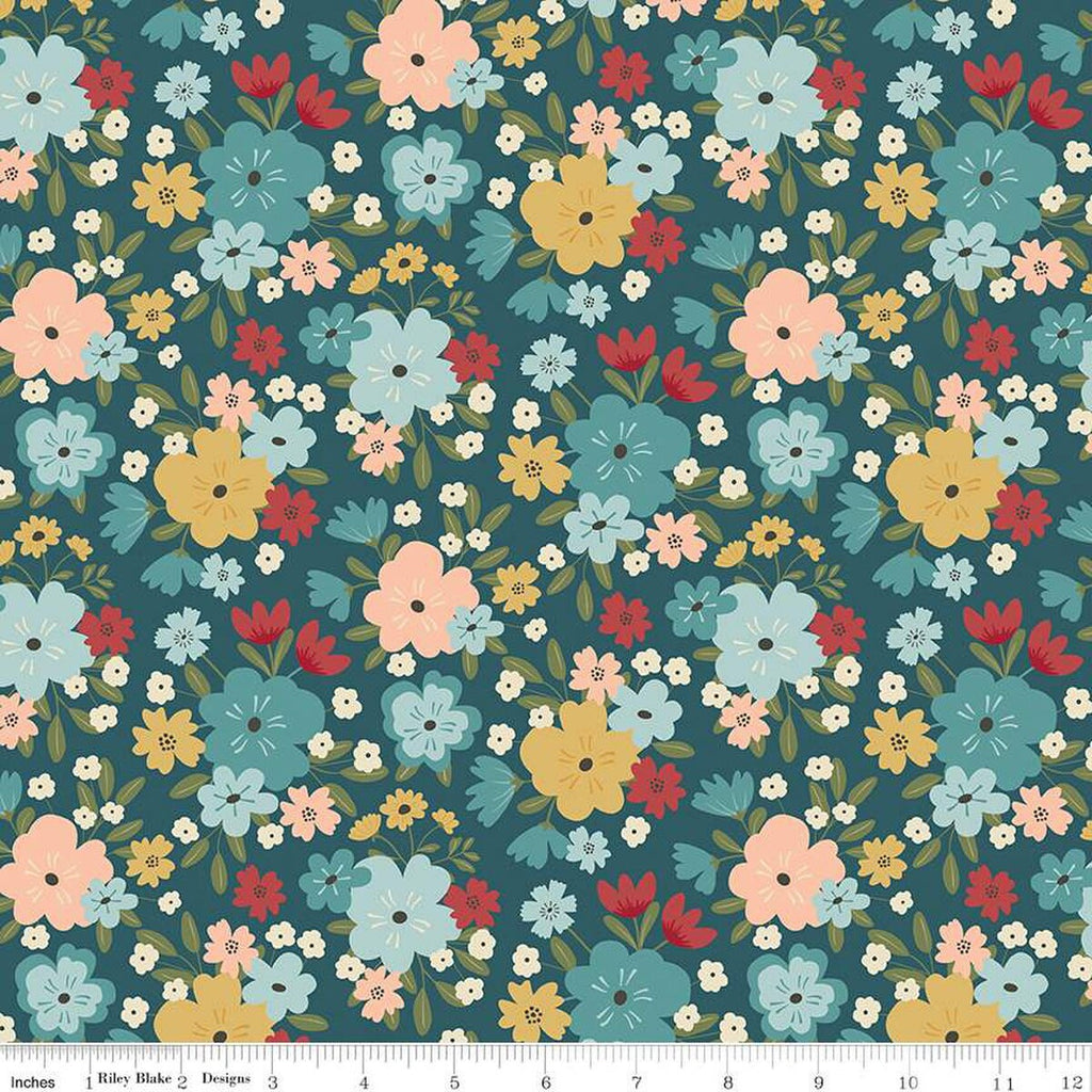 18" End of Bolt Piece - Ally's Garden Main C13240 Colonial Blue by Riley Blake Designs - Floral Flowers - Quilting Cotton Fabric