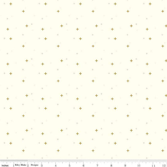 DEAL Sparkler SC650 Vintage White SPARKLE - Riley Blake Designs - Plus Signs Gold SPARKLE Metallic - Quilting Cotton Fabric