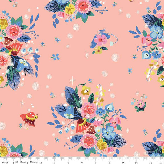 Down the Rabbit Hole Caterpillar Floral C12941 Coral - Riley Blake Designs - Alice in Wonderland Flowers - Quilting Cotton Fabric
