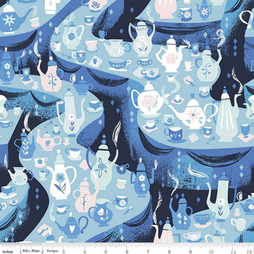 Down the Rabbit Hole Tea Party C12943 Sky - Riley Blake Designs - Alice in Wonderland Teapots Cups Spoons - Quilting Cotton Fabric