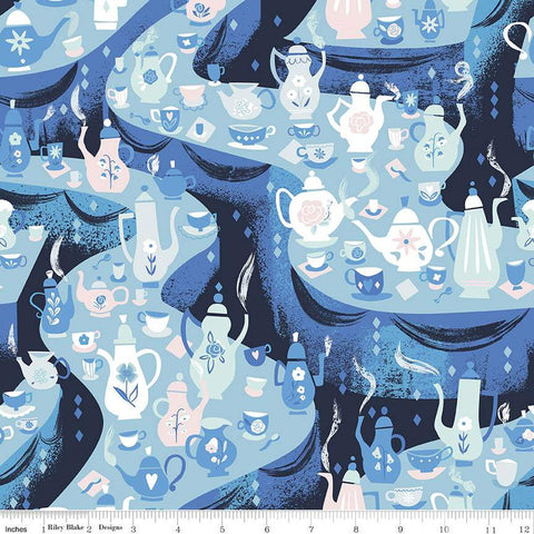 Down the Rabbit Hole Tea Party C12943 Sky by Riley Blake Designs - Alice in Wonderland Teapots Cups Spoons - Quilting Cotton Fabric