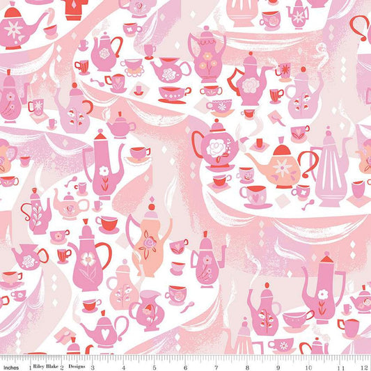 Down the Rabbit Hole Tea Party C12943 White - Riley Blake Designs - Alice in Wonderland Teapots Cups Spoons - Quilting Cotton Fabric