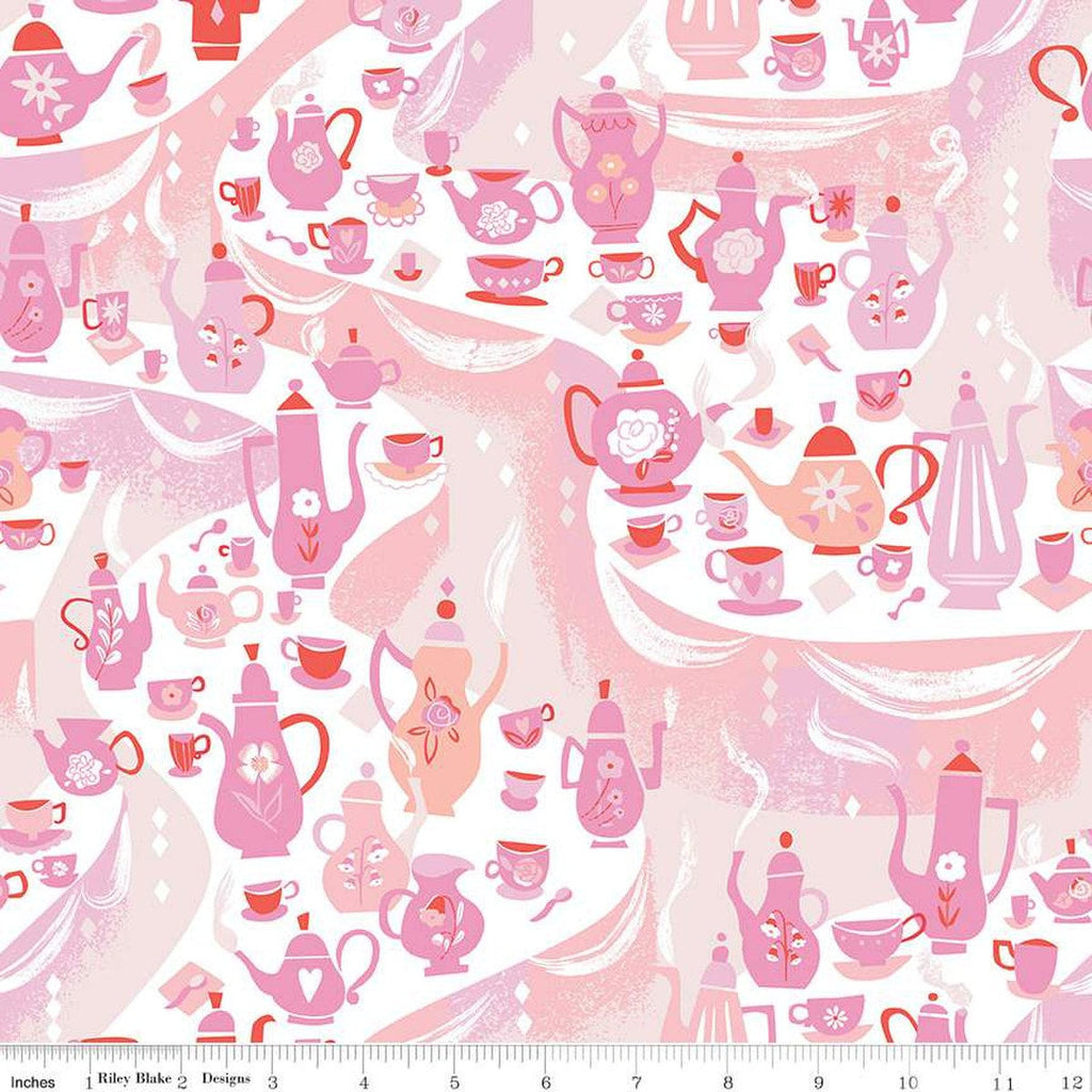 SALE Down the Rabbit Hole Tea Party C12943 White by Riley Blake Designs - Alice in Wonderland Teapots Cups Spoons - Quilting Cotton Fabric