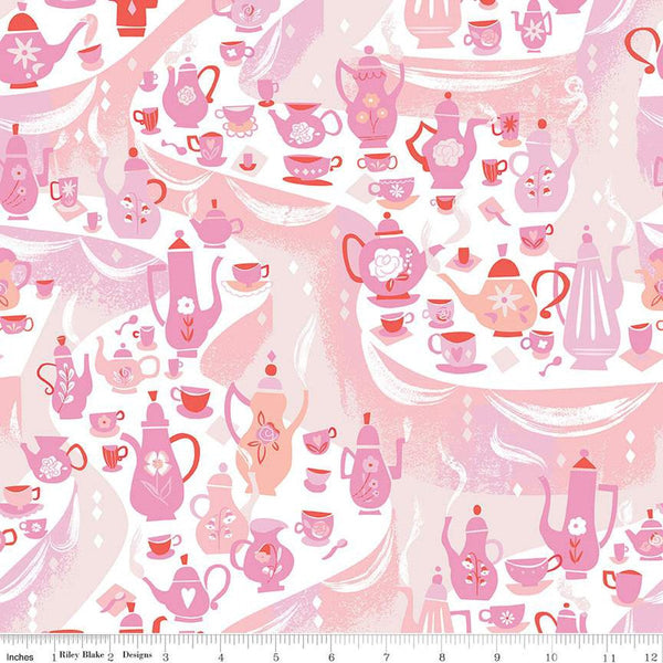 Down the Rabbit Hole Tea Party C12943 White by Riley Blake Designs - Alice in Wonderland Teapots Cups Spoons - Quilting Cotton Fabric