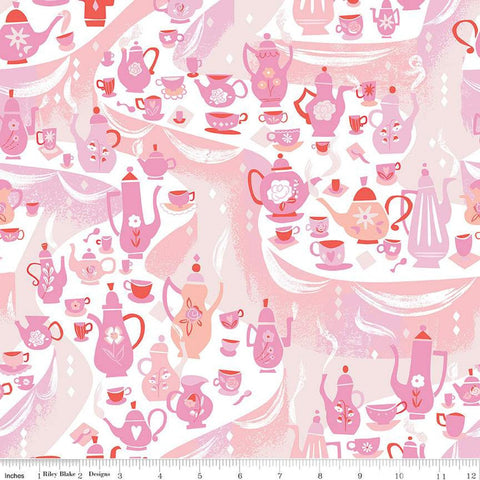 SALE Down the Rabbit Hole Tea Party C12943 White by Riley Blake Designs - Alice in Wonderland Teapots Cups Spoons - Quilting Cotton Fabric